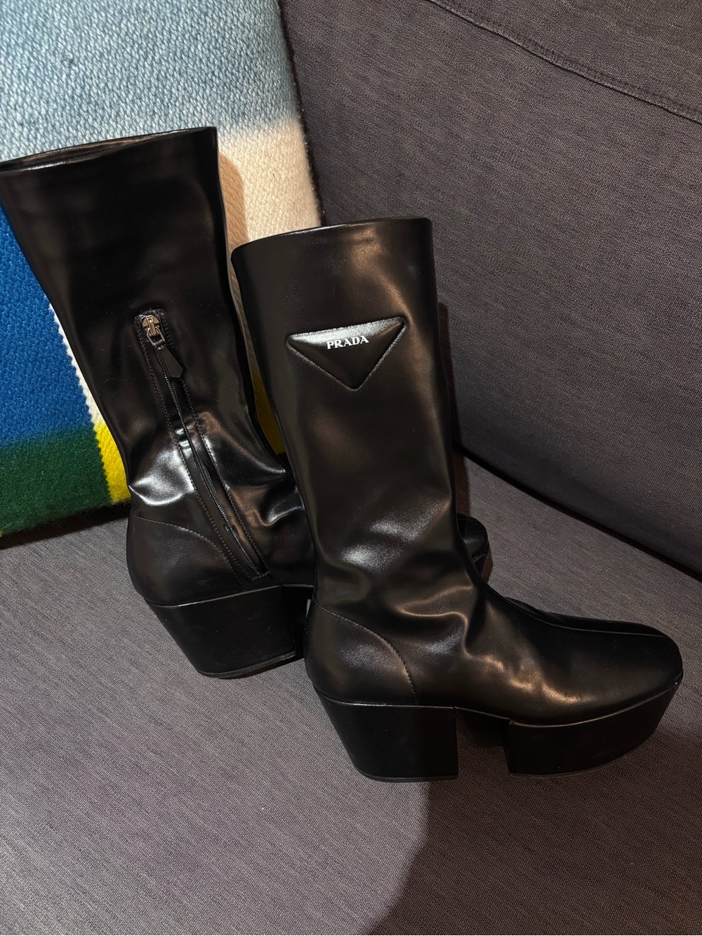 Prada Black Leather Platform Mid-Calf Boots